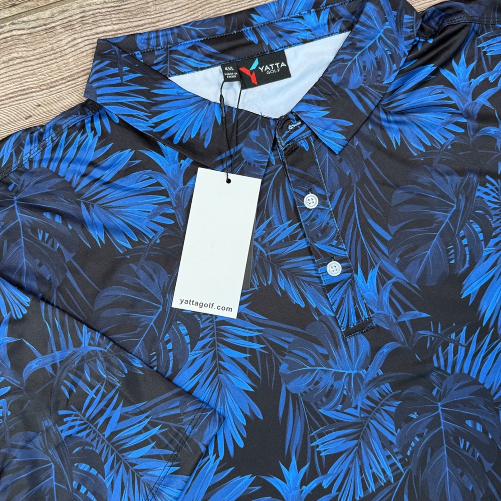 Yatta Golf Men 4XL Polo Shirt Midnight Blue Tropical Palm Leaf Performance NEW